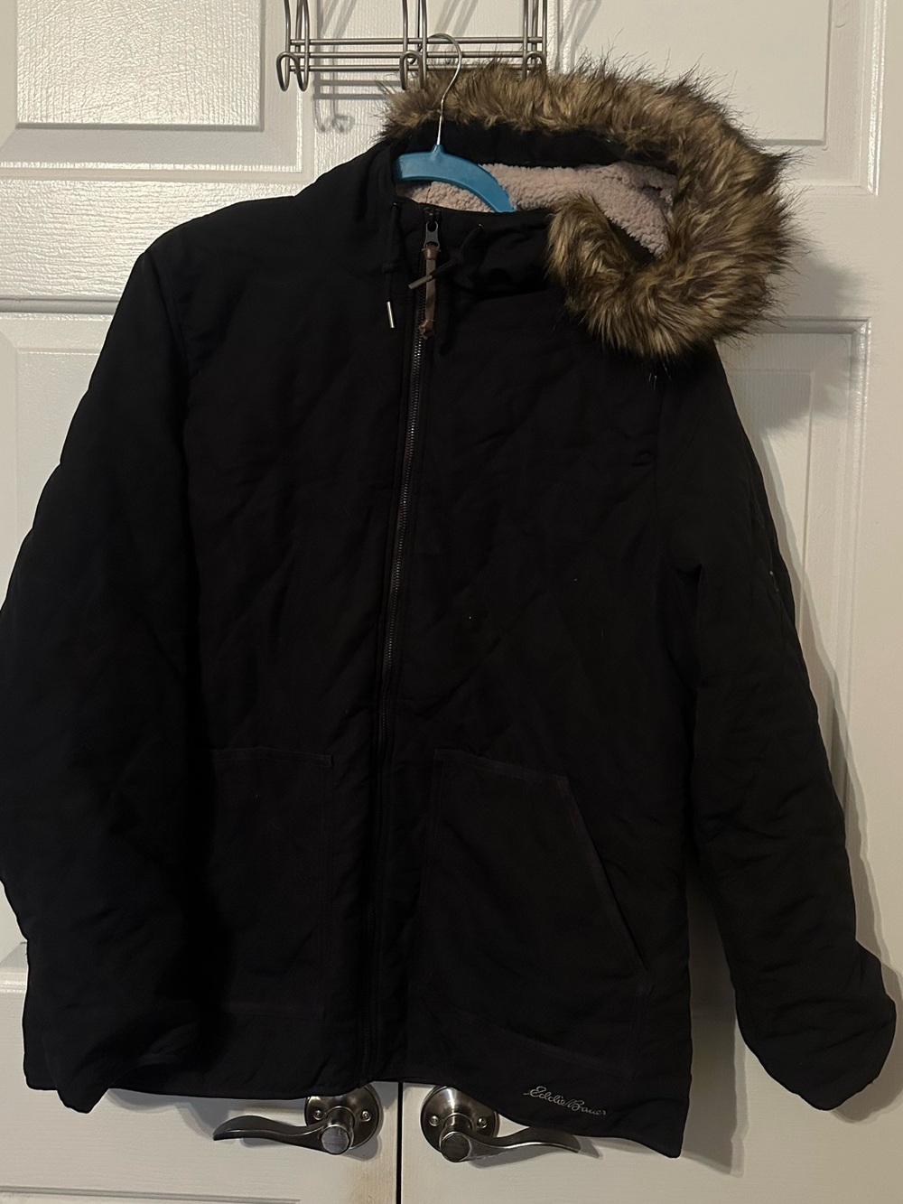 Eddie Bauer Black Hooded Faux-Fur Trim Puffer Coat